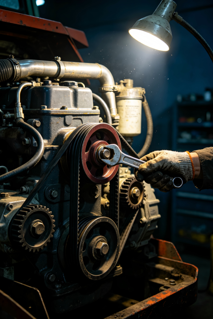 Mechanic servicing a combine harvester diesel engine, belts, pulleys and gearbox under a work light